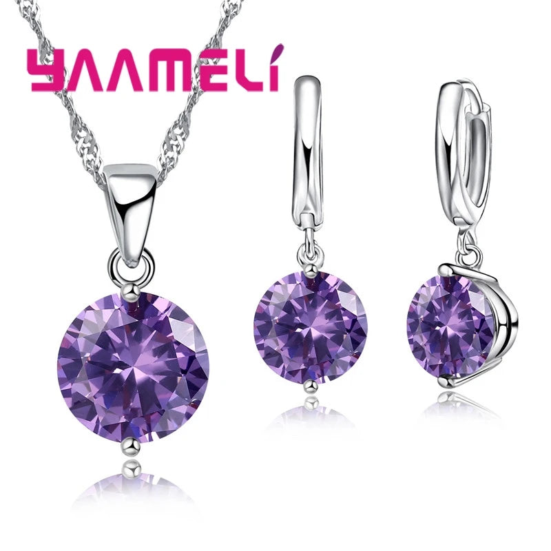925 Sterling Silver Color Pendant Necklace Huggie Earrings Sets for Wedding Engagement Austrian CZ Crystal Women Girl Gifts Qme