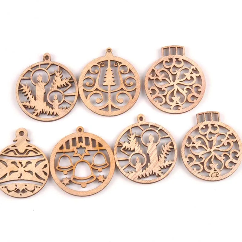 10pcs Carved Christmas Ball Wood DIY Craft Scrapbooking Decoration Natural Wooden Ornament For Home Handicrafts m1855 Qme
