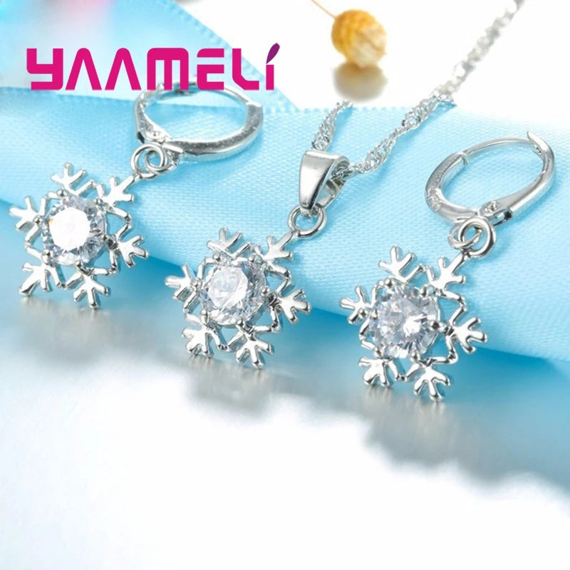 Qualified Snowflake Women 925 Sterling Silver Color Jewelry Set Zircon CZ Crystal Pendant Necklace Earrings Party Gift Qme