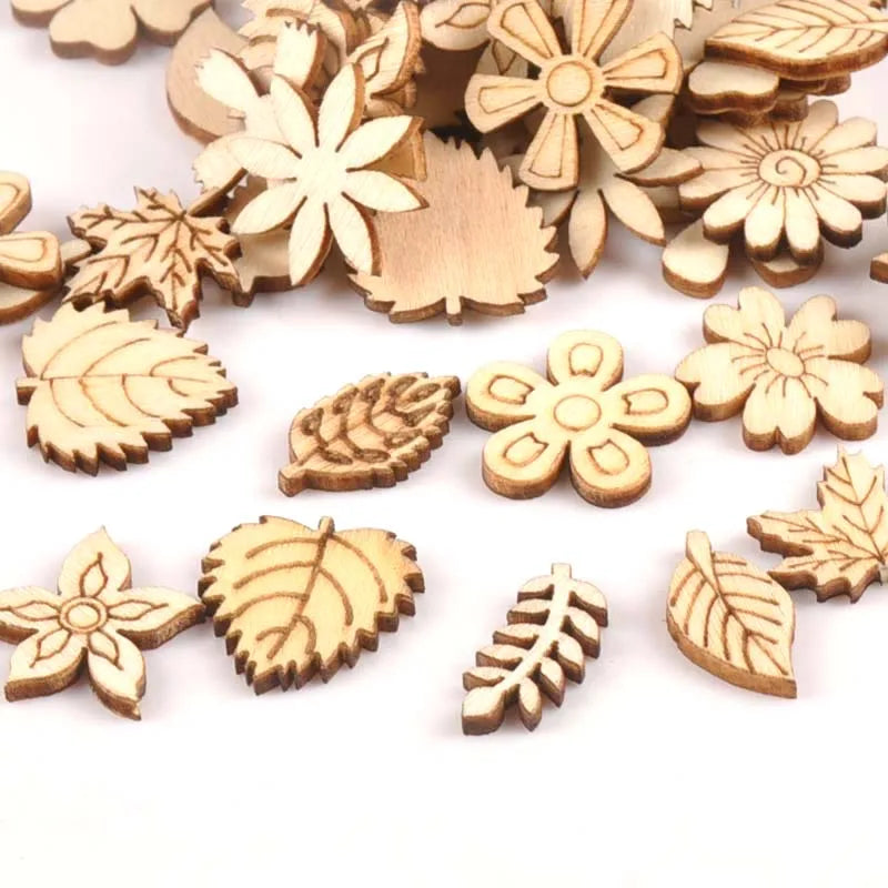 50Pcs Mix Plant/Flower/grass Shape Natural Wooden For Handmade DIY Crafts Wood Ornament Scrapbooking Home Decoration 20mm m1805 Qme