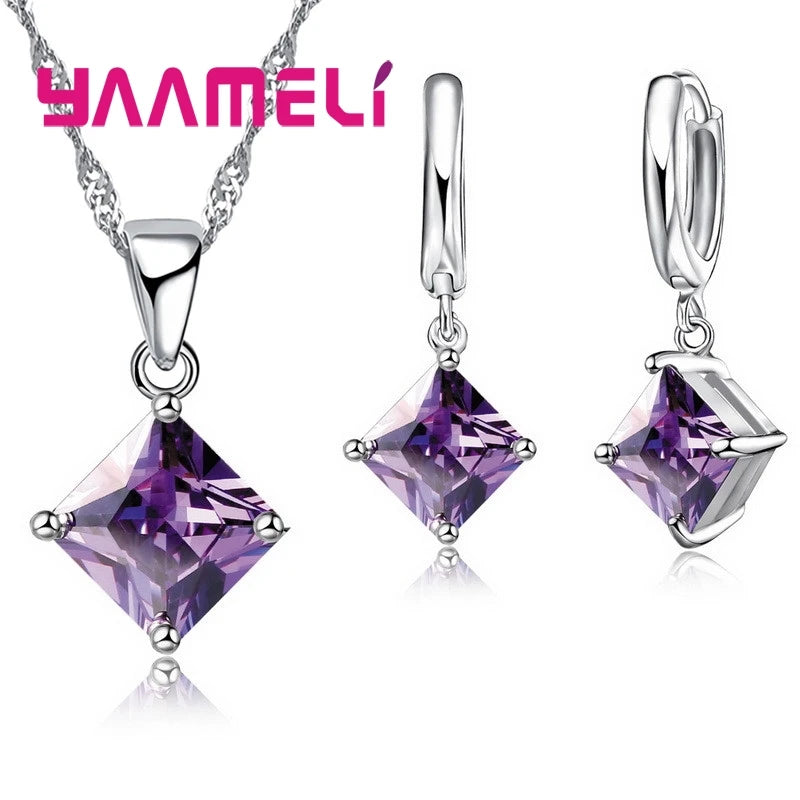 New Fashion Women Pendants Necklace Simple Geometry Square Earrings Crystal 925 Sterling Silver Color Jewelry Sets for Wedding Qme