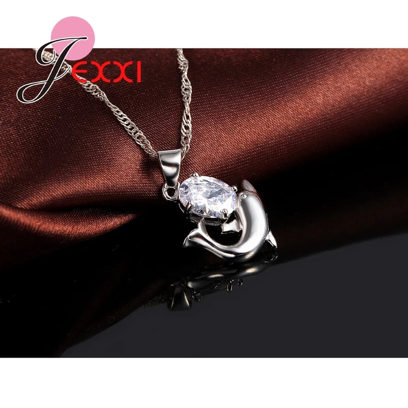 Fashion Austrian Crystal Jewelry Set 925 Sterling Silver Color Sweet Dolphin Pendant Necklace Loop Earrings Sets for Women Qme