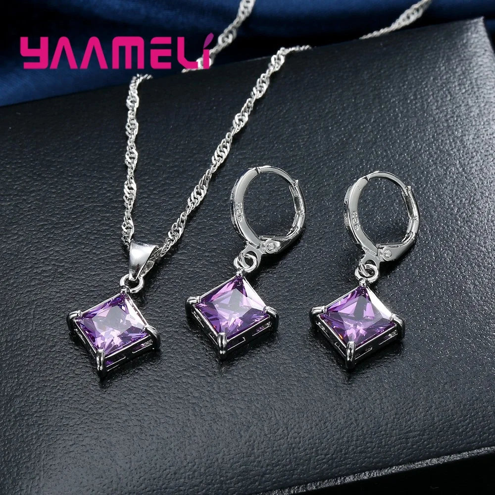 Authentic 925 Sterling Silver Color CZ Geometric Classic Square Huggie Earrings Necklace Sets for Women Fine Jewelry Qme