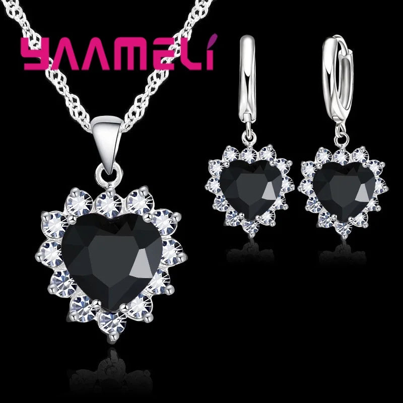 Trendy Jewelry Set for Women 925 Sterling Silver Color Heart CZ Stone Charm Pendants Necklaces Earrings LOVE Anniversary Gift Qme Black