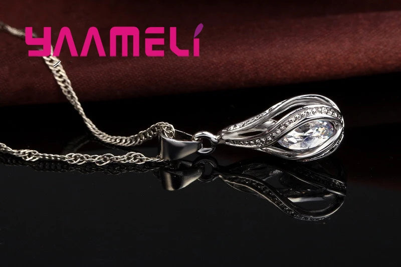 Hot Water Drop CZ 925 Sterling Silver Plated Jewelry Set For Women Pendant Necklace Hoop Earrings Wedding Party Ceremoey Anel Qme