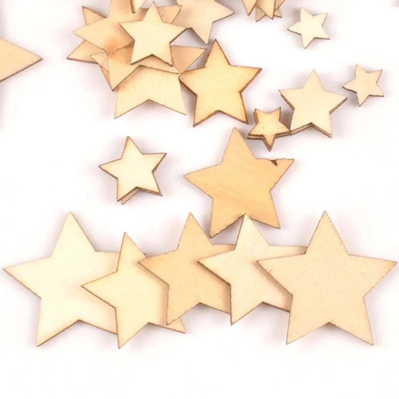 50pcs 10/15/20/25/30mm Mix Stars Wood DIY Carft For Handmade Scrapbooking Accessories Wooden Ornaments Home Decoration m0589 Qme