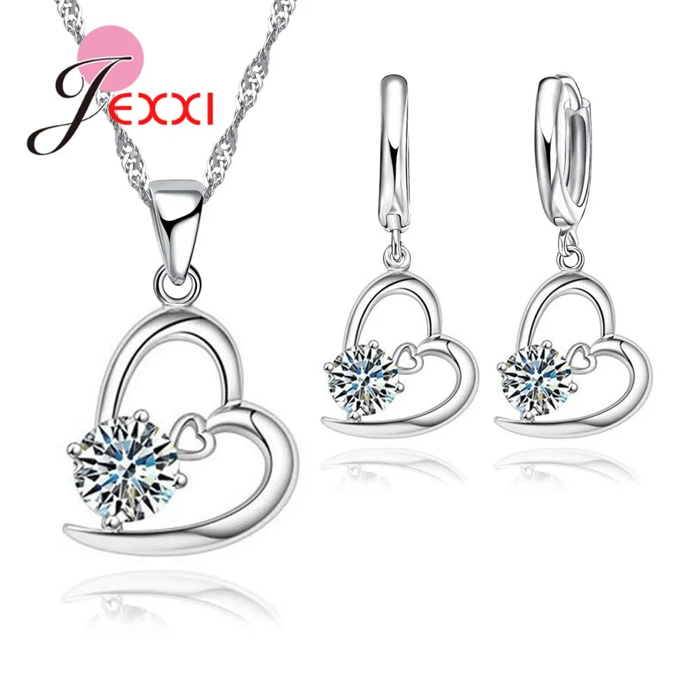 Charm Heart CZ Rhinestone Pendnat Necklace Earrings Women 925 Sterling Silver Color Engagement Jewelry Accessories Party Gifts Qme