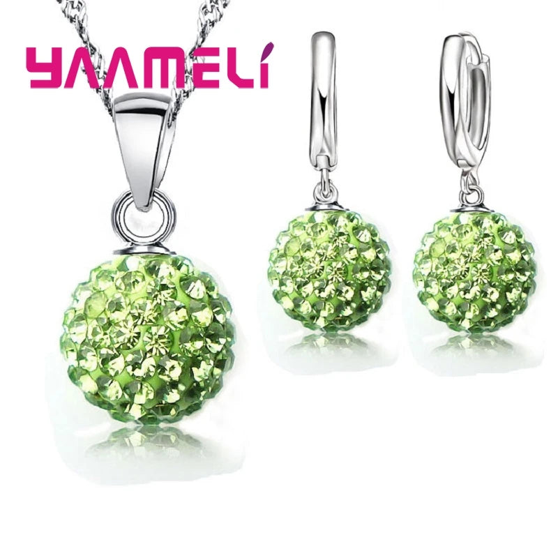 925 Sterling Silver Stamped Bridal Jewelry Sets Women Girls Wedding Gifts Austrian Crystal CZ Disco Ball Necklace Hoop Earrings Qme
