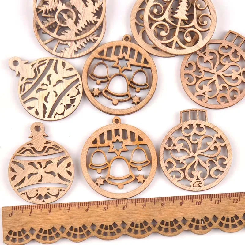 10pcs Carved Christmas Ball Wood DIY Craft Scrapbooking Decoration Natural Wooden Ornament For Home Handicrafts m1855 Qme