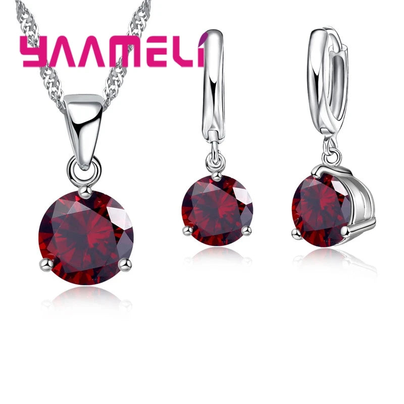 Candy Color Wedding Elegant Jewelry Sets 925 Sterling Silver Color Crystal Pendant Collar Necklace Earrings Qme Red