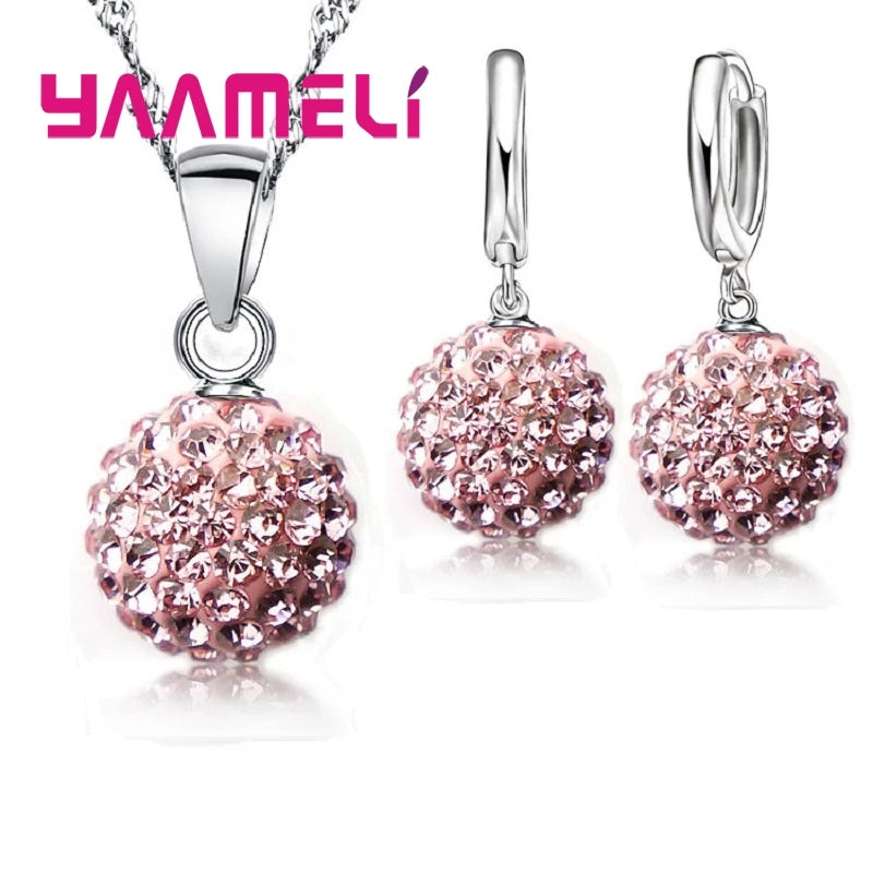 925 Sterling Silver Stamped Bridal Jewelry Sets Women Girls Wedding Gifts Austrian Crystal CZ Disco Ball Necklace Hoop Earrings Qme