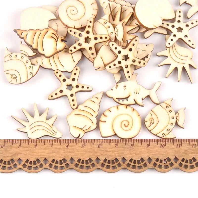 25pcs Wooden Crafts creativity Starfish shells and fish Pattern Scrapbooking Crafts wood decoration for Home Decoration m1806x Qme