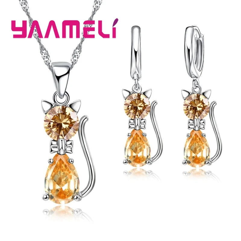 Real 925 Sterling Silver Color Jewelry Sets for Woman Girls Shining Austrian Crystal Cute Cat Pendant Necklace Huggie Earring Qme Yellow