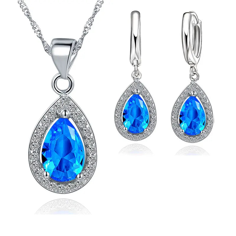 Classic 925 Sterling Silver Color Women Waterdrop Crystal Pendant Necklaces Drop Earring Set Wedding Bridal Jewelry Sets Qme