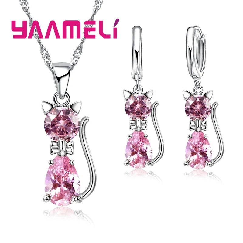 Real 925 Sterling Silver Color Jewelry Sets for Woman Girls Shining Austrian Crystal Cute Cat Pendant Necklace Huggie Earring Qme Pink