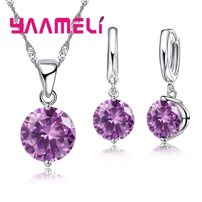 925 Sterling Silver Color Pendant Necklace Huggie Earrings Sets for Wedding Engagement Austrian CZ Crystal Women Girl Gifts Qme Pink