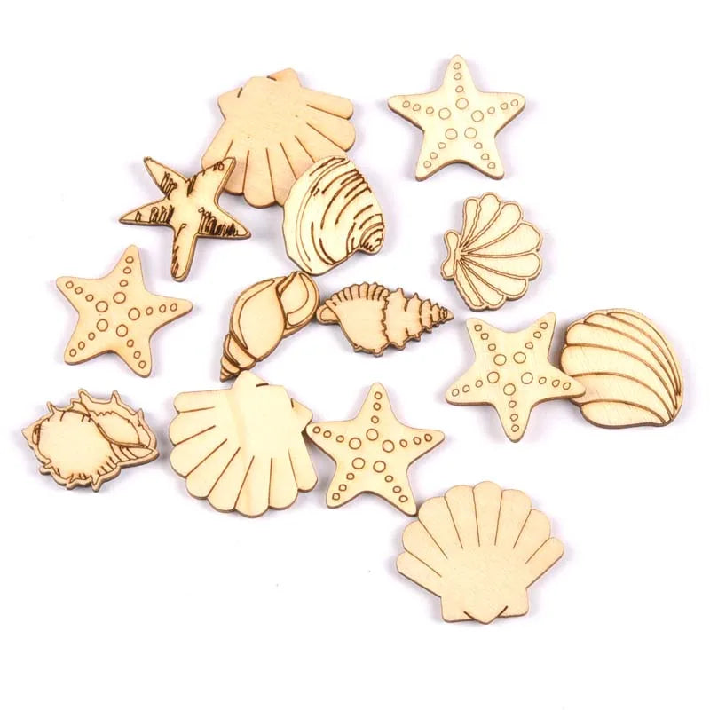 20pcs 25-35mm Seashell/starfish Pattern Natural Wood DIY Crafts Home Decor Scrapbooking Unfinished Wooden Ornaments m1935 Qme