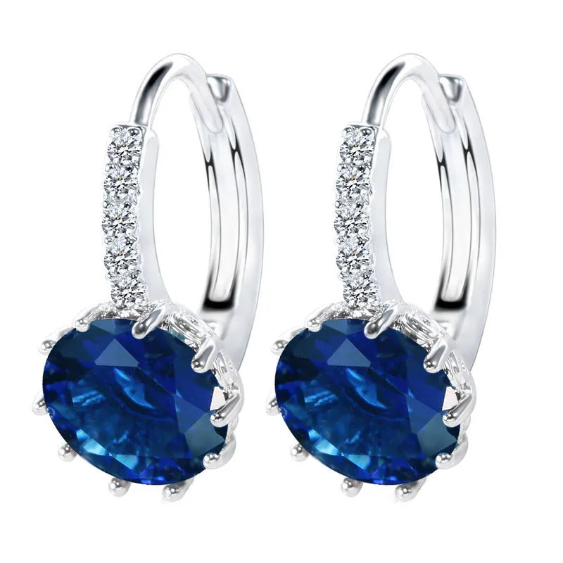 Big Sale 925 Sterling Silver Color Loop Hoop Earrings Candy Color Cubic Zircon Charms Women Jewelry Wedding Accessory Brincos Qme Blue round