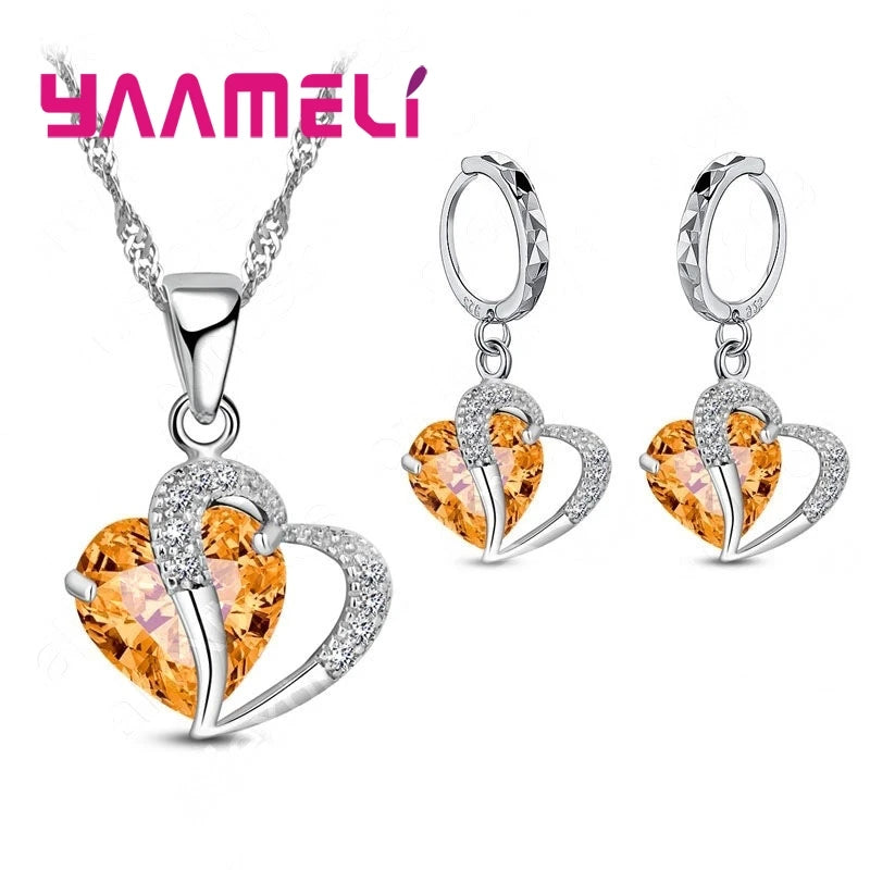Bridal Jewelry Set Heart CZ Crystal 925 Sterling Silver Color Pendant Necklace Earrings for Women Wedding Anniversary Gifts Qme Yellow