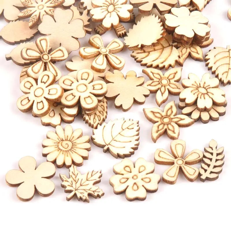 50Pcs Mix Plant/Flower/grass Shape Natural Wooden For Handmade DIY Crafts Wood Ornament Scrapbooking Home Decoration 20mm m1805 Qme