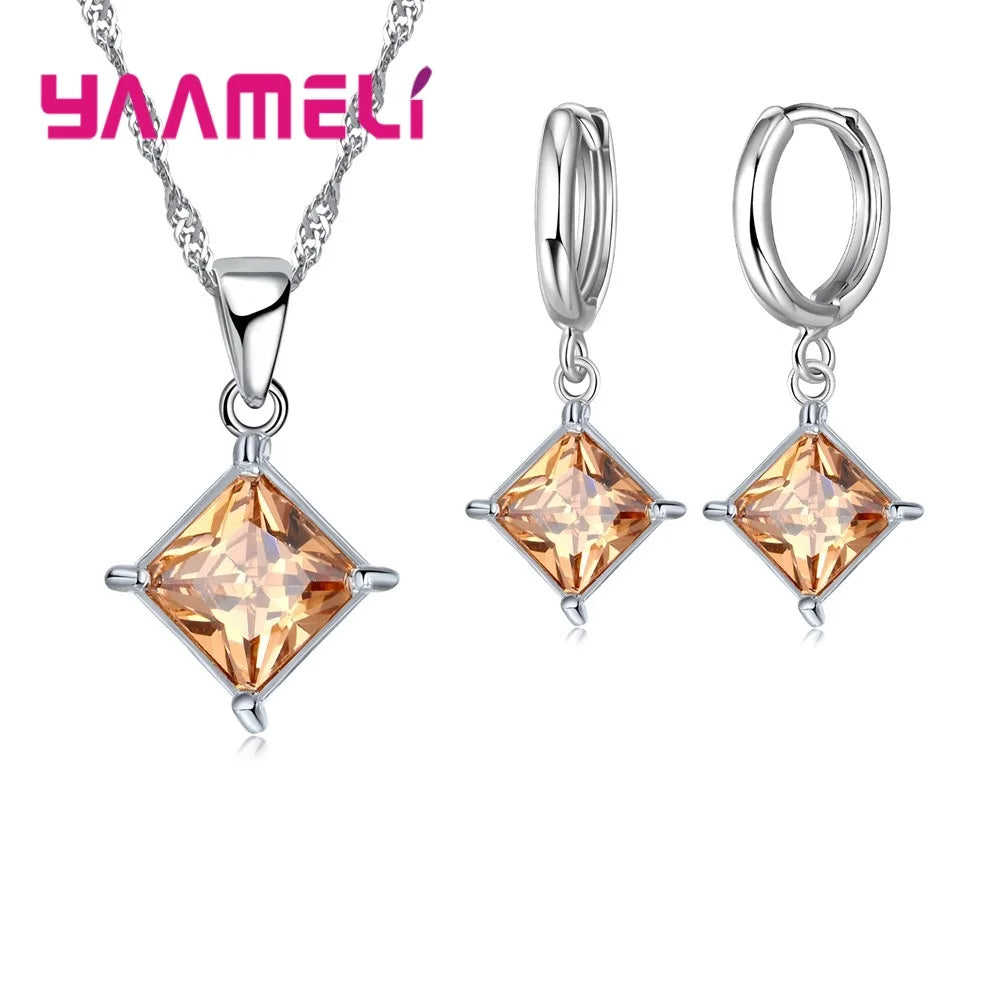 Authentic 925 Sterling Silver Color CZ Geometric Classic Square Huggie Earrings Necklace Sets for Women Fine Jewelry Qme Champagne
