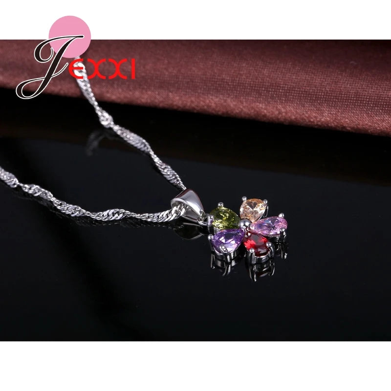 Flowers Shinning Colorful CZ Crystal Pendant Jewelry Sets Gift 925 Sterling Silver Color Necklace Dangle Hoop Earring Qme