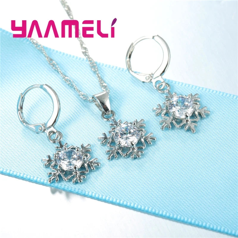 Qualified Snowflake Women 925 Sterling Silver Color Jewelry Set Zircon CZ Crystal Pendant Necklace Earrings Party Gift Qme