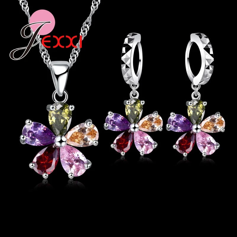 Flowers Shinning Colorful CZ Crystal Pendant Jewelry Sets Gift 925 Sterling Silver Color Necklace Dangle Hoop Earring Qme Default Title