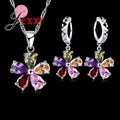 Flowers Shinning Colorful CZ Crystal Pendant Jewelry Sets Gift 925 Sterling Silver Color Necklace Dangle Hoop Earring Qme Default Title