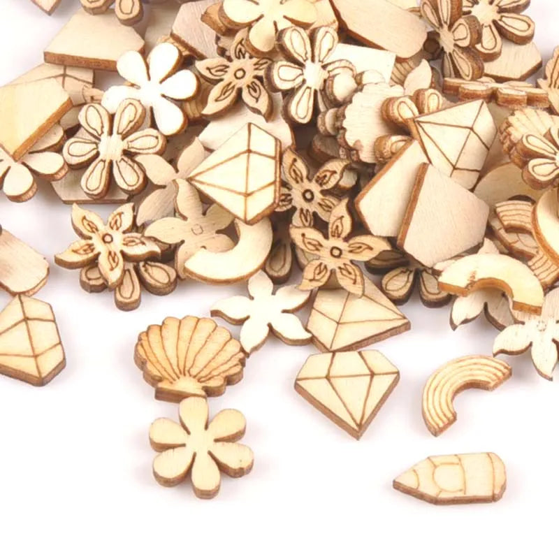 100Pcs Mini Mixed Shaped Wood DIY Crafts For Handmade Accessory Wooden Scrapbooking Embellishments Decor 5-12mm m1674 Qme