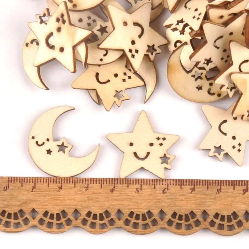 24-27mm 25Pcs Wooden Ornament Moon And Star Pattern For DIY Crafts Scrapbook Accessories Handmade Wood Slices Home Decor M1704 Qme