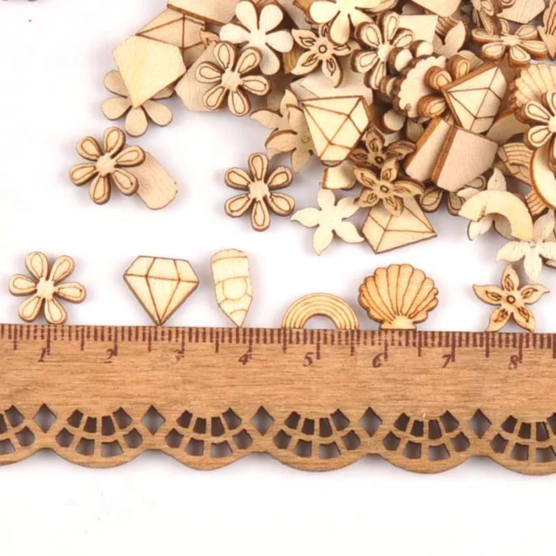 100Pcs Mini Mixed Shaped Wood DIY Crafts For Handmade Accessory Wooden Scrapbooking Embellishments Decor 5-12mm m1674 Qme