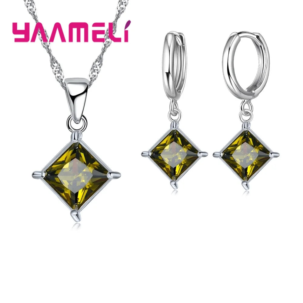 Authentic 925 Sterling Silver Color CZ Geometric Classic Square Huggie Earrings Necklace Sets for Women Fine Jewelry Qme Green