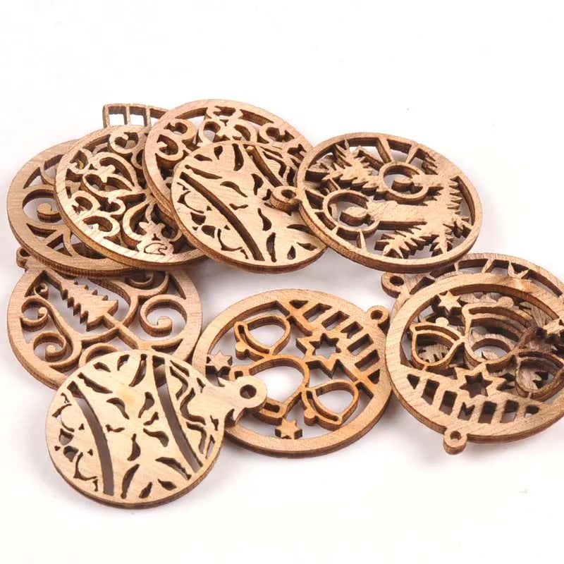 10pcs Carved Christmas Ball Wood DIY Craft Scrapbooking Decoration Natural Wooden Ornament For Home Handicrafts m1855 Qme
