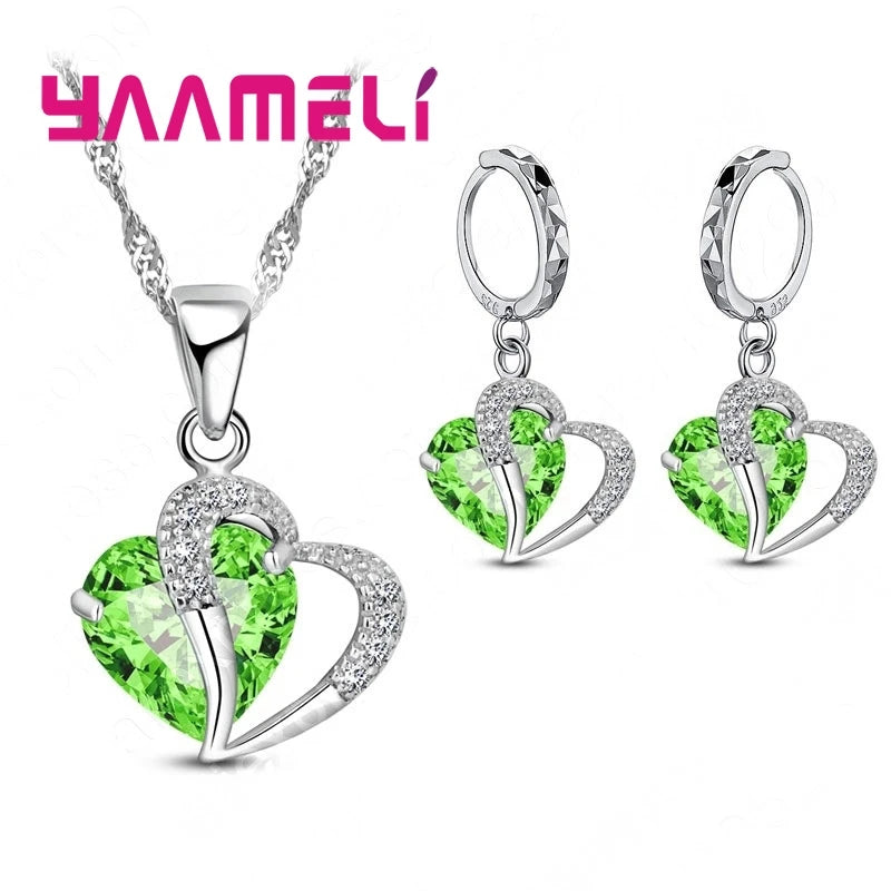 Bridal Jewelry Set Heart CZ Crystal 925 Sterling Silver Color Pendant Necklace Earrings for Women Wedding Anniversary Gifts Qme Green