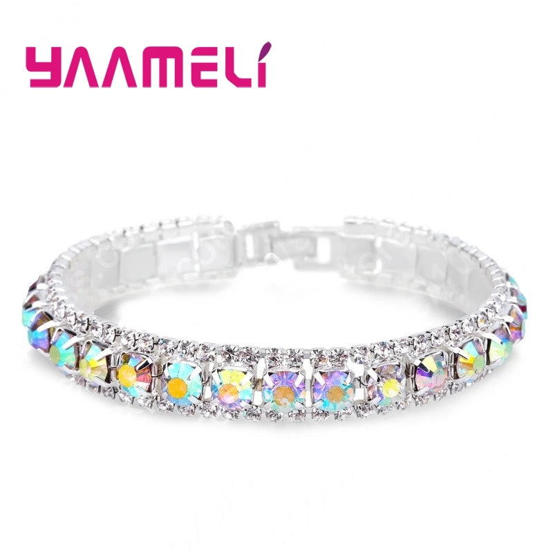 Top Sale 925 Stamp Silver Color Bracelets Full AAA Zircon Austrian Crystal Femme Women Link Chain Jewelry Bangles 14 Colors Qme