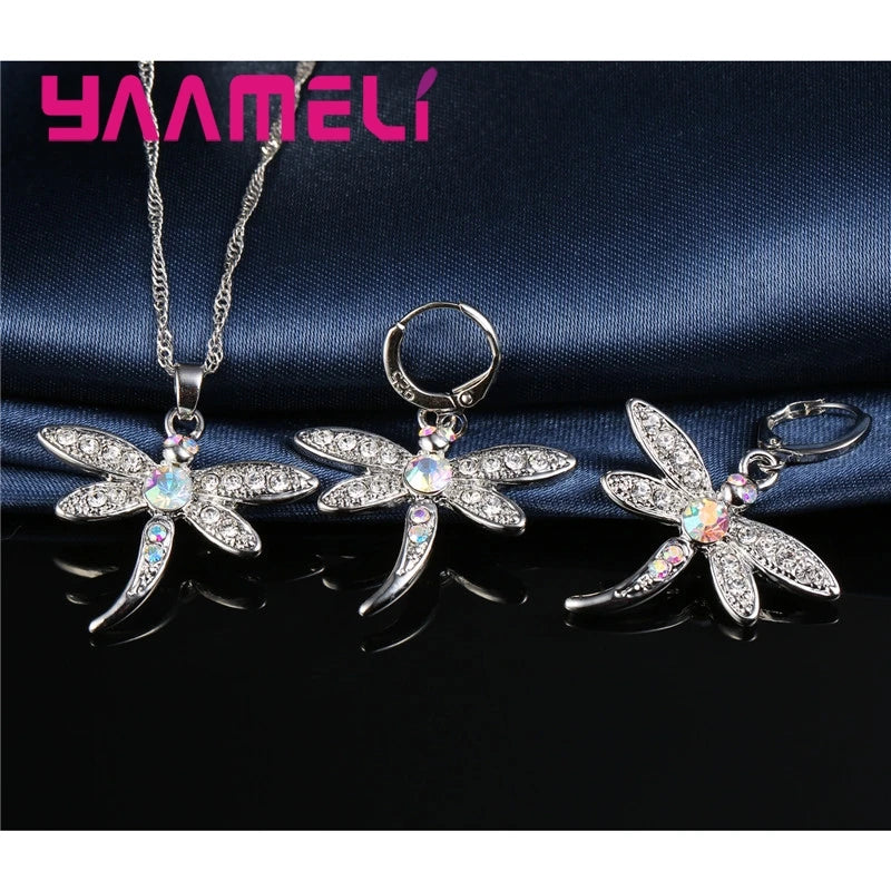 Women's Glitter Colored Cubic Zirconia Necklace And Earrings Set Dragonfly Design 925 Sterling Silver Color Jewelry for Girls Qme