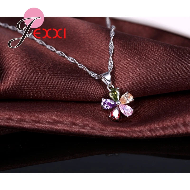 Flowers Shinning Colorful CZ Crystal Pendant Jewelry Sets Gift 925 Sterling Silver Color Necklace Dangle Hoop Earring Qme