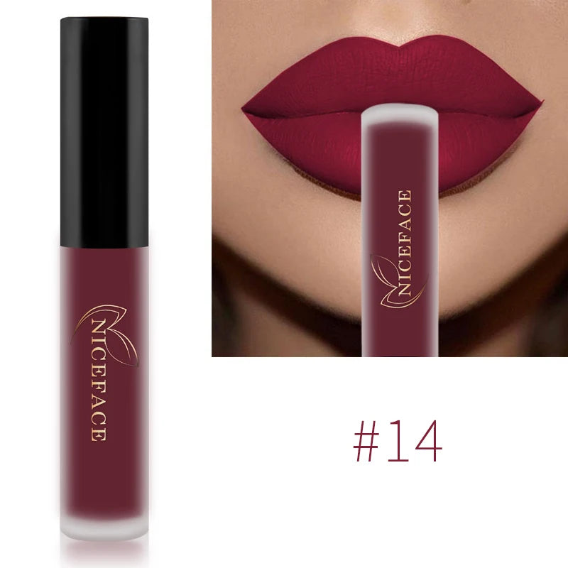 NICEFACE Lip Gloss Waterproof Matte Liquid Lipstick Long Lasting Velvet Lipgloss Tint Tube Nude Pigment Lip Makeup Cosmetics Qme 14