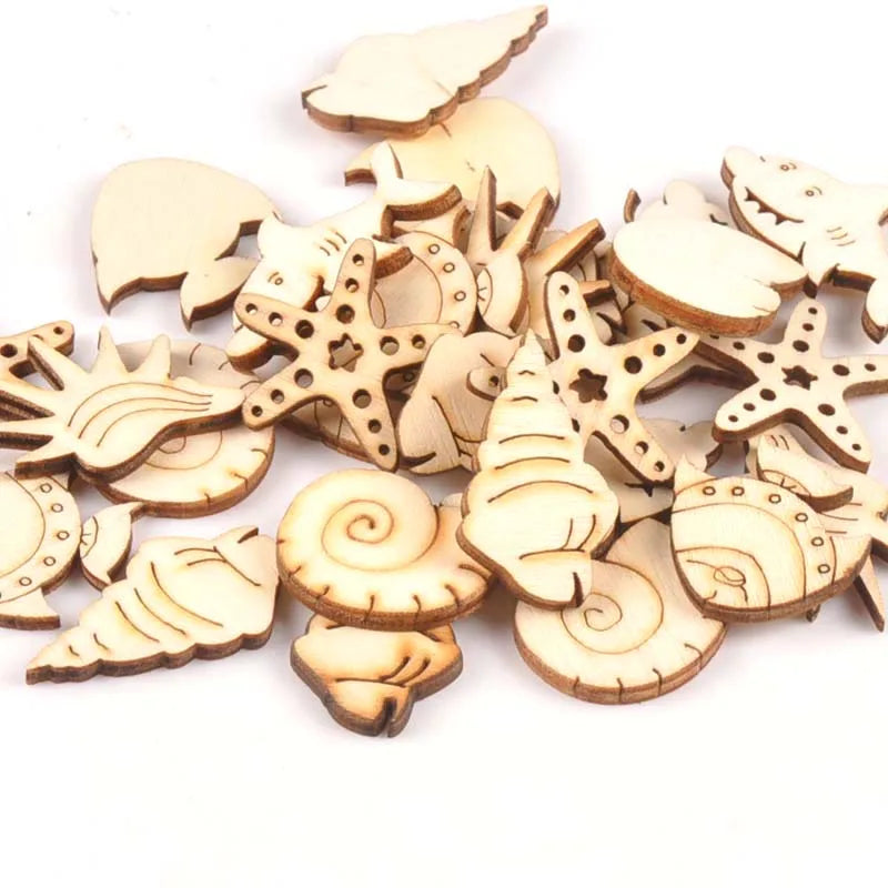 25pcs Wooden Crafts creativity Starfish shells and fish Pattern Scrapbooking Crafts wood decoration for Home Decoration m1806x Qme