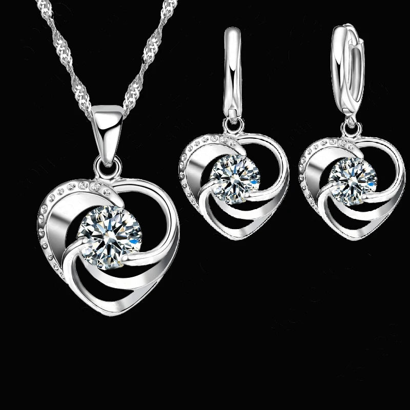 925 Sterling Silver Stamped Necklace Earrings Set Long Chain Sweet Romantic Style Love Heart Shape For Women Lady Wife Qme