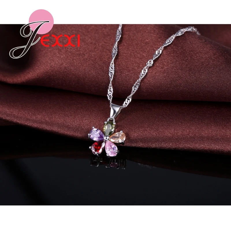 Flowers Shinning Colorful CZ Crystal Pendant Jewelry Sets Gift 925 Sterling Silver Color Necklace Dangle Hoop Earring Qme