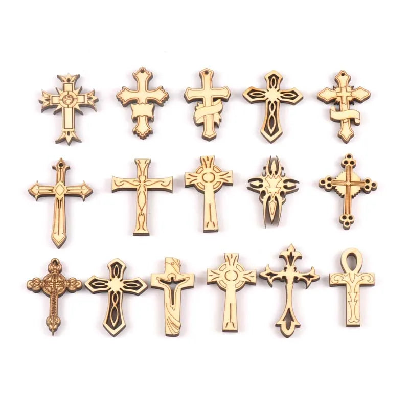 New 10pcs Mixture Retro Cross Wooden Ornaments Pattern Scrapbooking Crafts DIY Wood For Home Decoration Embellishments m2163 Qme Default Title