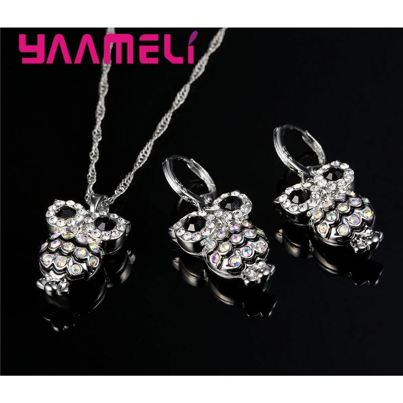 Luxury Women Jewelry Sets Shining 925 Sterling Silver Color Cubic Zircon Retro Night Owl for Girls Gifts Necklace Earrings Qme