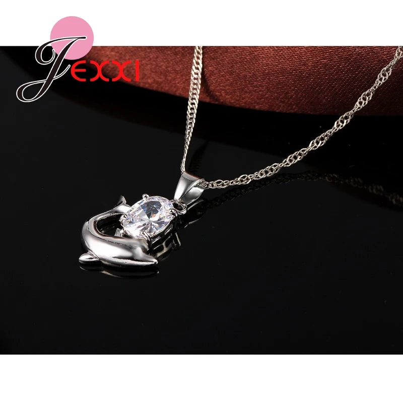 Fashion Austrian Crystal Jewelry Set 925 Sterling Silver Color Sweet Dolphin Pendant Necklace Loop Earrings Sets for Women Qme