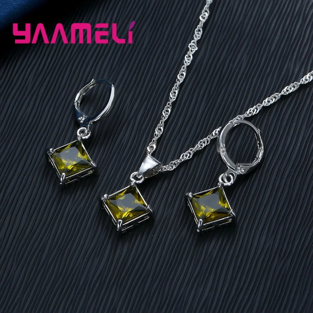 Authentic 925 Sterling Silver Color CZ Geometric Classic Square Huggie Earrings Necklace Sets for Women Fine Jewelry Qme