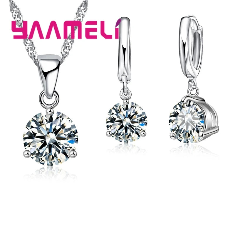 Candy Color Wedding Elegant Jewelry Sets 925 Sterling Silver Color Crystal Pendant Collar Necklace Earrings Qme White