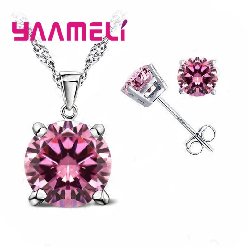 Fast Shipping 925 Serling Silver Color Shiny Cubic Zirconia Necklace Pendant Earrings Women Big Round Crystal Jewelry Sets Qme