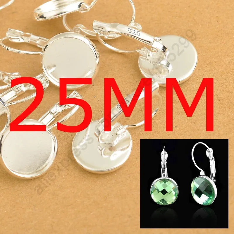 8-10-12-14-16-18-20-25MM 925 Sterling Silver Color Jewelry Findings Flat Disco Cabochon Cameo Settings Earring French Lever Back Qme 25mm