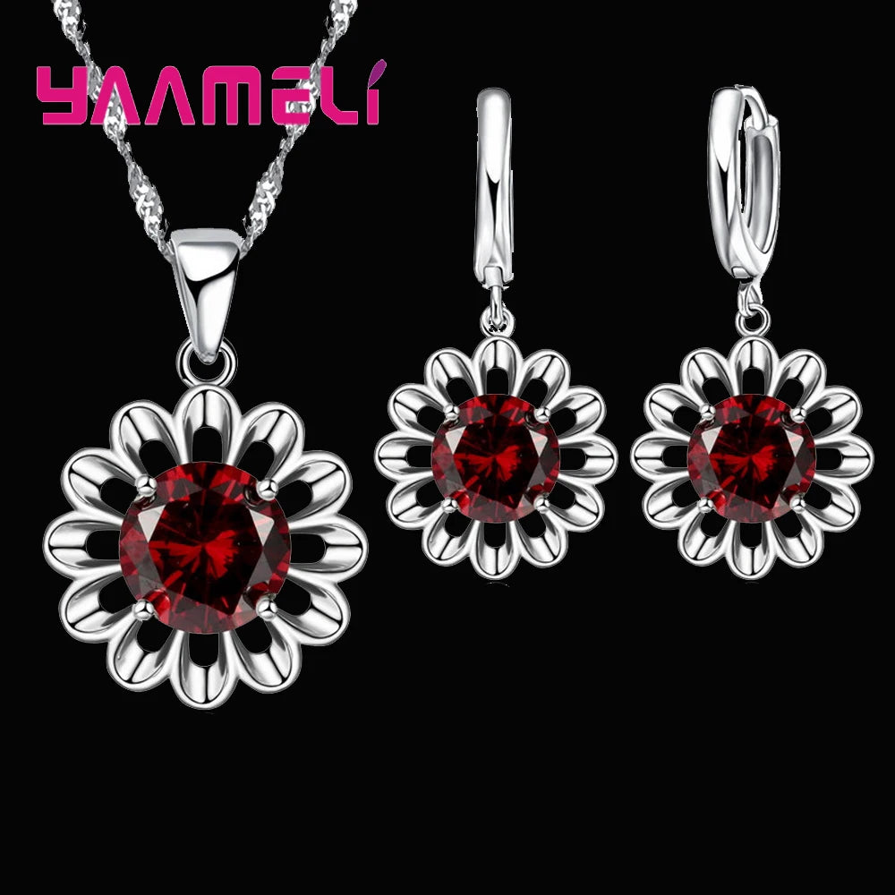 New Fashion Wedding Jewelry Set Women Top Quality 925 Sterling Silver Color Crystal Pendant Necklace Hoop Earring Big Promotion Qme